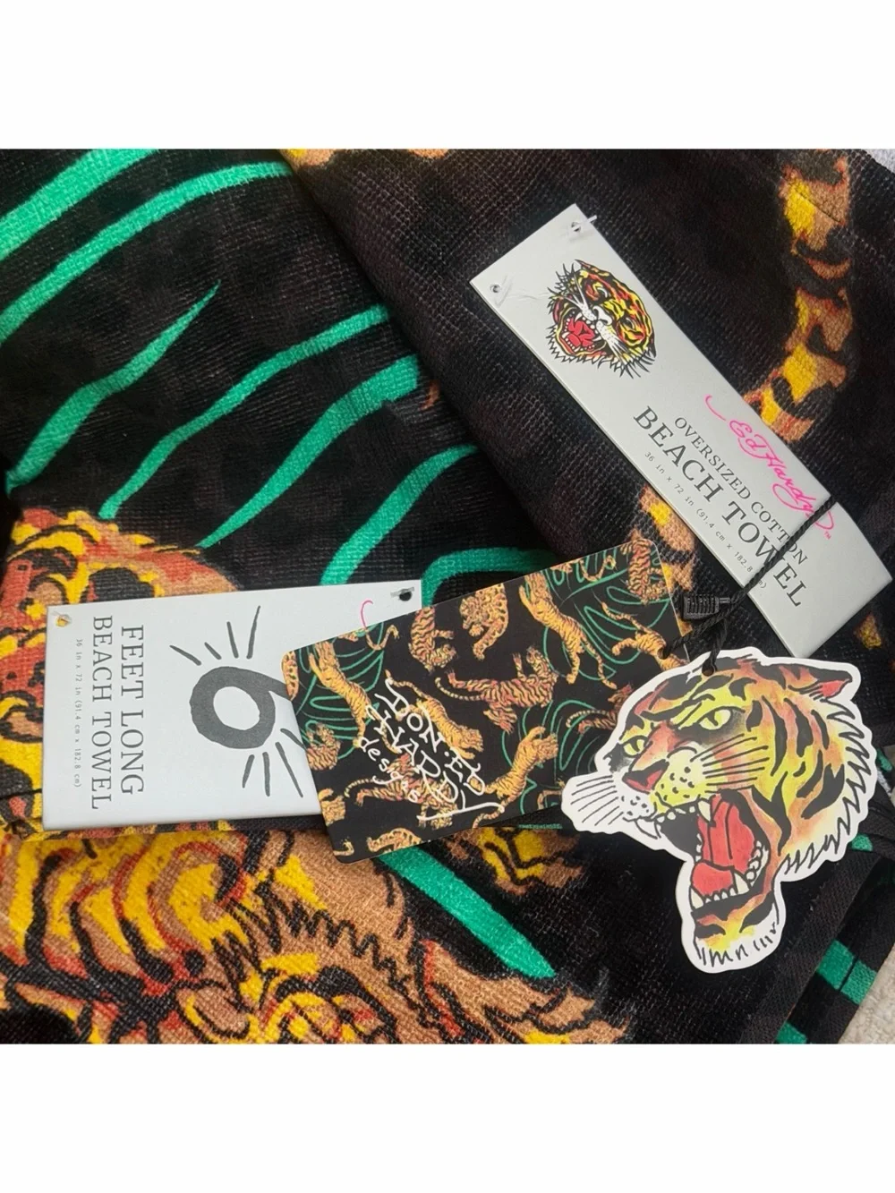 Ed Hardy Tiger Beach Towels 2pc Set Black Leopard Print Palm Oversized 36x72 NWT